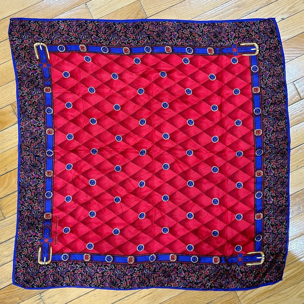 Vintage Laura Geraldi 100% Silk Scarf Jewels Equestrian Paisley Blues Reds